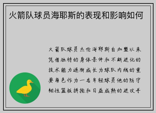 火箭队球员海耶斯的表现和影响如何